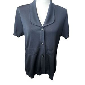 Exclusively Misook Womens Black Knit Short Sleeve Top Size M Decorative Buttons